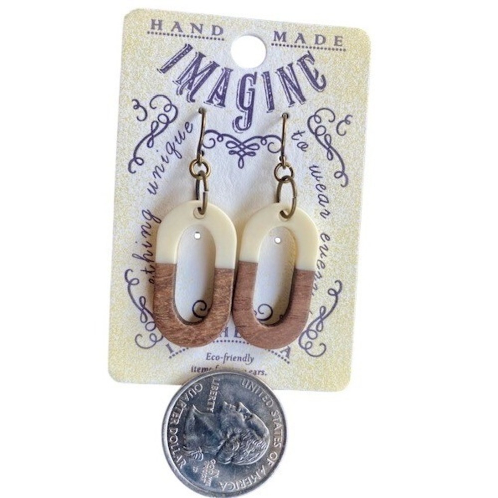 Handmade wood Dangle Drop Earrings Brass Resin Eco Indie boho‎ recycle cottage